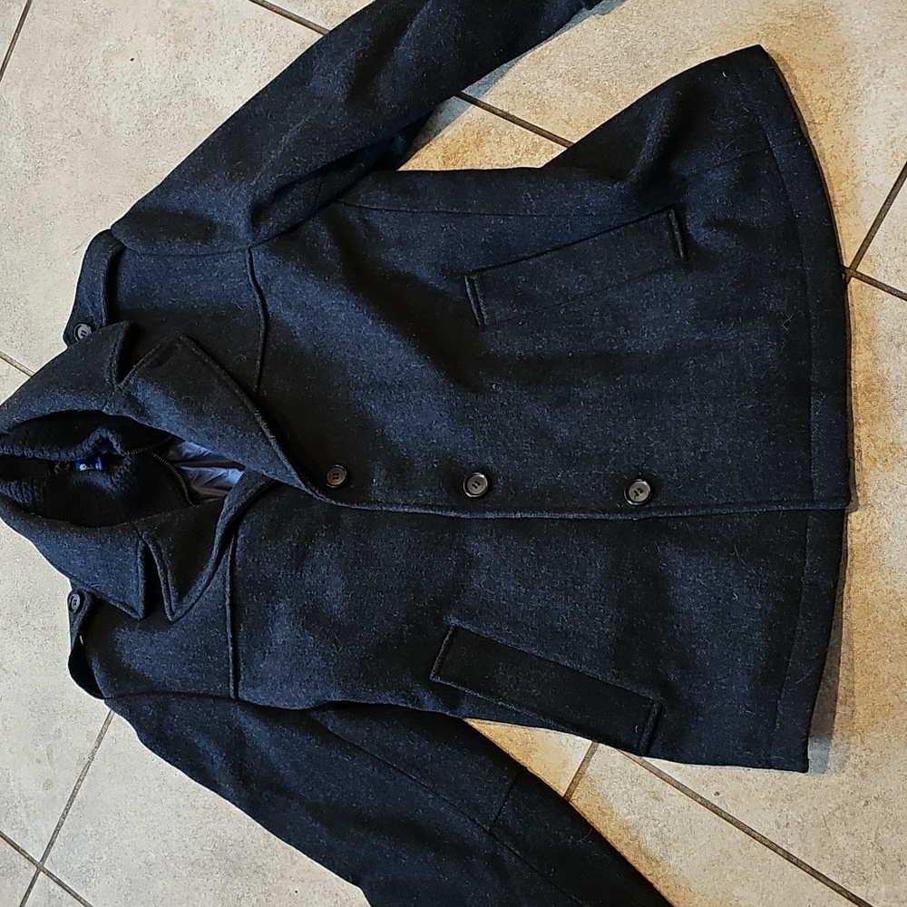 Egara Mens black wool blend peacoat buttons up lined on collar coat jacket XXL